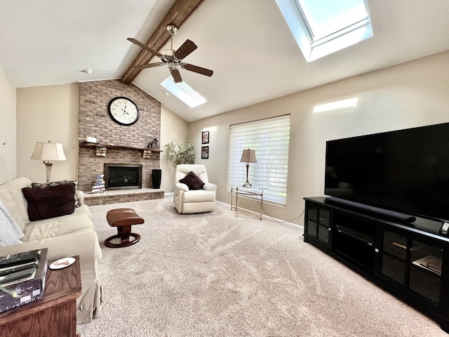 14011 Creek Crossing Dr, Orland Park, IL 60467 - living area with a skylight, a ceiling fan, carpet, and a brick fireplace