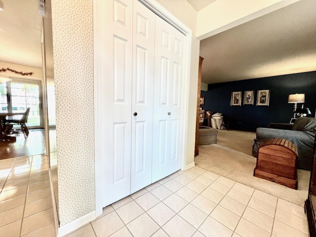 14011 Creek Crossing Dr, Orland Park, IL 60467 - hall featuring light colored carpet, light tile patterned floors, and wallpapered walls
