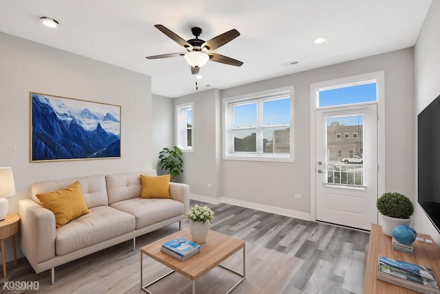 6349 S Maryland Ave, Chicago, IL 60637 - living room featuring light wood-style flooring, ceiling fan, and recessed lighting