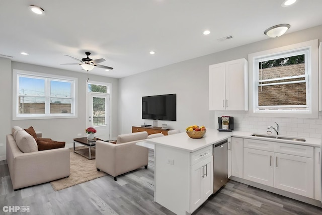 6349 S Maryland Ave, Chicago, IL 60637 - kitchen featuring open floor plan, stainless steel dishwasher, a peninsula, light wood finished floors, and recessed lighting