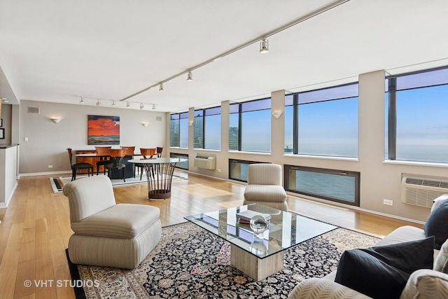 1110 N Lake Shore Dr Unit 20N, Chicago, IL 60611 - living room featuring a wall mounted air conditioner, rail lighting, and light wood-style floors