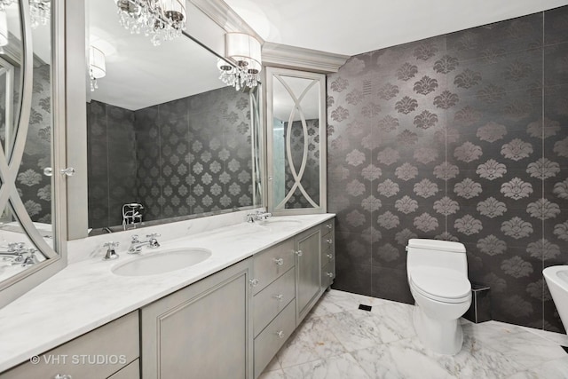 1110 N Lake Shore Dr Unit 20N, Chicago, IL 60611 - bathroom featuring double vanity, wallpapered walls, a chandelier, and marble finish flooring