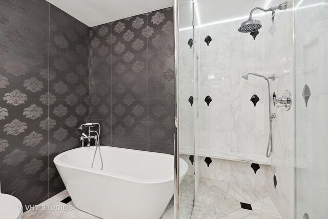 1110 N Lake Shore Dr Unit 20N, Chicago, IL 60611 - bathroom featuring a shower stall, a soaking tub, and marble finish floors