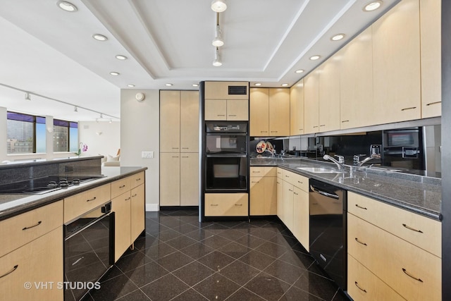 1110 N Lake Shore Dr Unit 20N, Chicago, IL 60611 - kitchen featuring rail lighting, light brown cabinets, black appliances, and recessed lighting