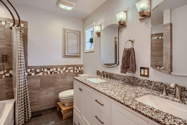 1322 E Thurston Dr, Palatine, IL 60074 - bathroom featuring tile walls, double vanity, a wainscoted wall, and shower / tub combo with curtain