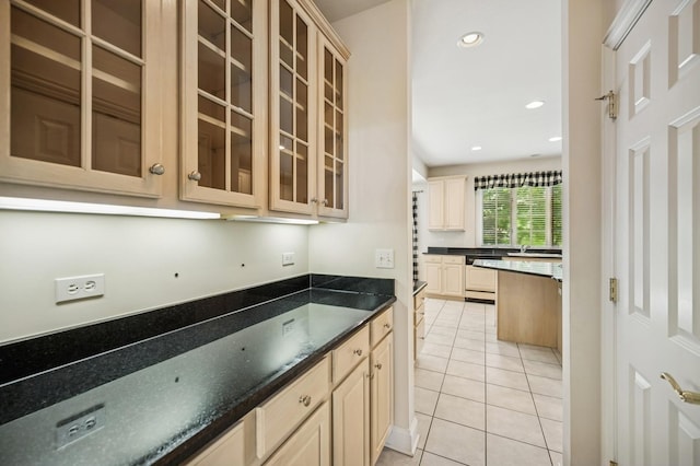 775 S Camelot Ct, Lake Forest, IL 60045 - kitchen with light tile patterned flooring, paneled dishwasher, glass insert cabinets, recessed lighting, and cream cabinets
