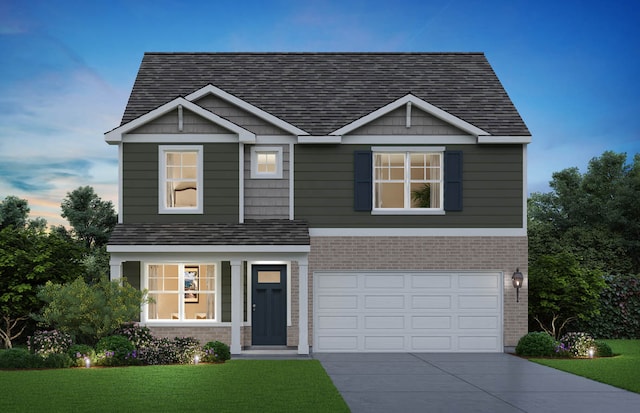 1816 Overland Dr, Plainfield, IL 60586 - view of front facade with driveway, a shingled roof, brick siding, a lawn, and an attached garage