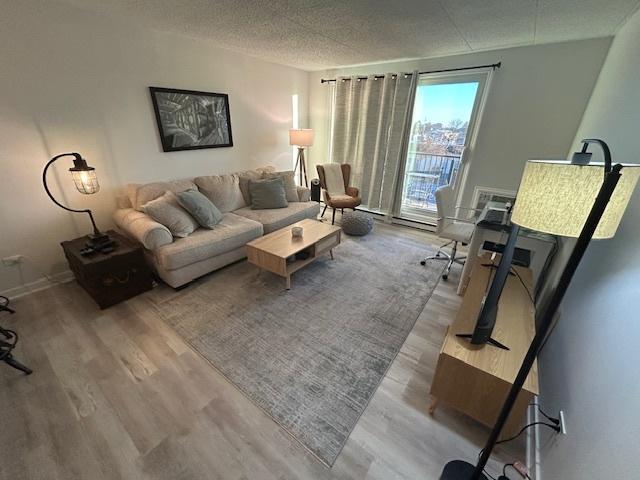 9098 Terrace Dr Unit 3E, Niles, IL 60714 - living room with wood finished floors and a textured ceiling