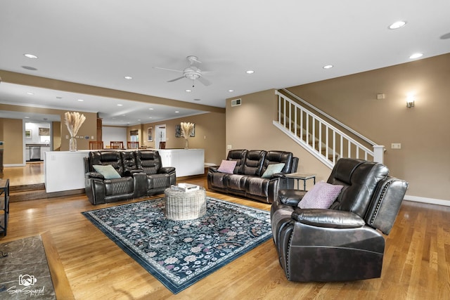 1886 N Springview Dr, Kankakee, IL 60901 - living area featuring ceiling fan, wood finished floors, stairway, and recessed lighting