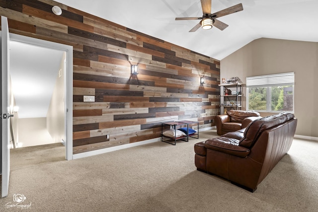 1886 N Springview Dr, Kankakee, IL 60901 - living area with wood walls, ceiling fan, carpet, and lofted ceiling