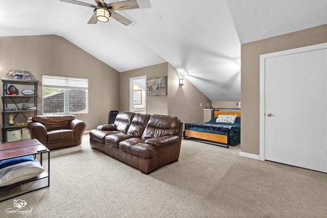 1886 N Springview Dr, Kankakee, IL 60901 - living area featuring vaulted ceiling, ceiling fan, and carpet floors