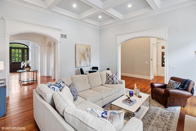 78 Wagner Rd, Northfield, IL 60093 - living room with decorative columns, arched walkways, wood finished floors, beamed ceiling, and coffered ceiling