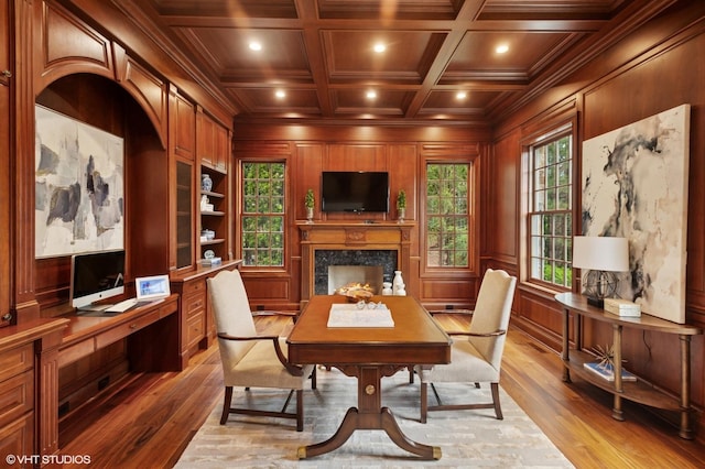 78 Wagner Rd, Northfield, IL 60093 - home office featuring light wood-style flooring, a wood ceiling with exposed beams, ornamental molding, recessed lighting, and a premium fireplace