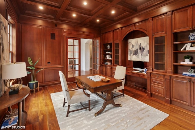 78 Wagner Rd, Northfield, IL 60093 - home office with light wood-style floors, a wood ceiling with exposed beams, built in features, ornamental molding, and recessed lighting