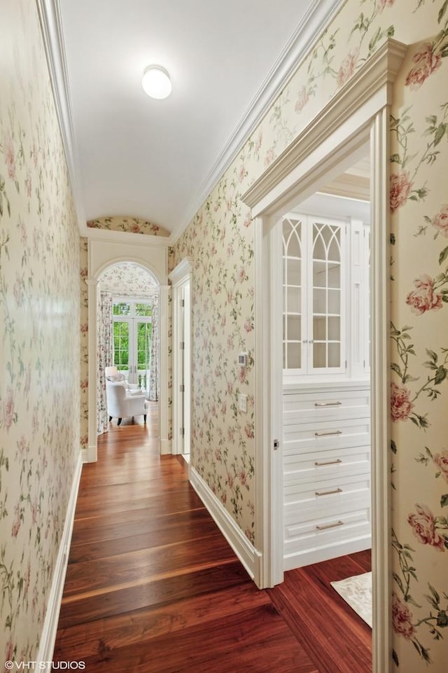 78 Wagner Rd, Northfield, IL 60093 - corridor with wallpapered walls, ornamental molding, and dark wood-type flooring