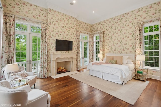 78 Wagner Rd, Northfield, IL 60093 - bedroom with ornamental molding, hardwood / wood-style flooring, multiple windows, wallpapered walls, and access to exterior