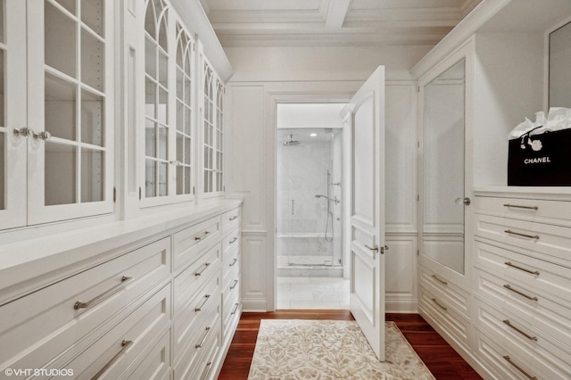 78 Wagner Rd, Northfield, IL 60093 - walk in closet featuring dark wood-type flooring, beamed ceiling, and coffered ceiling
