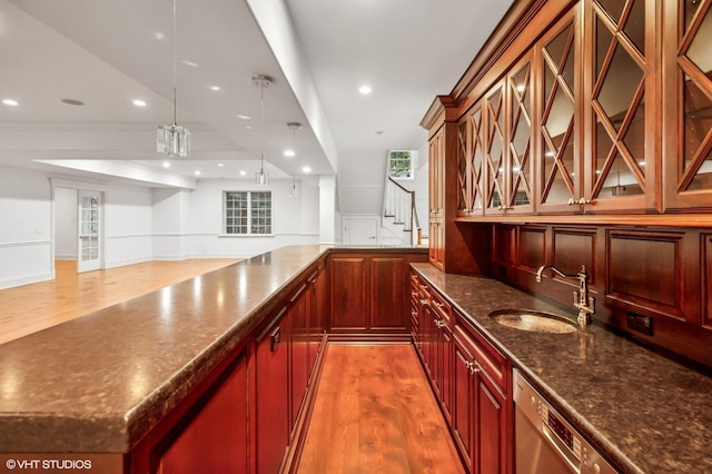 78 Wagner Rd, Northfield, IL 60093 - indoor bar with light wood finished floors, stainless steel dishwasher, recessed lighting, stairs, and pendant lighting