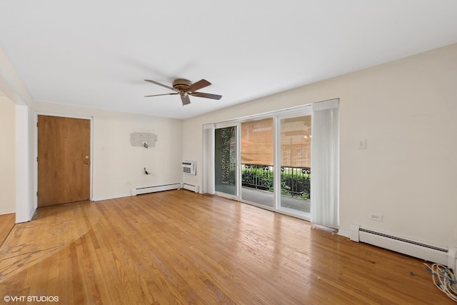 935 8th Ave Unit 1, La Grange, IL 60525 - empty room with a baseboard radiator, ceiling fan, a wall mounted air conditioner, and light wood-style flooring