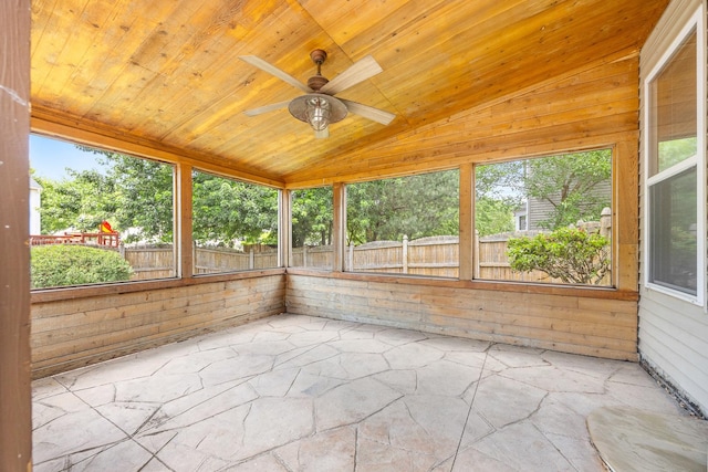 1301 Bridgehampton Dr, Plainfield, IL 60586 - unfurnished sunroom with vaulted ceiling, plenty of natural light, a ceiling fan, stone flooring, and wooden ceiling