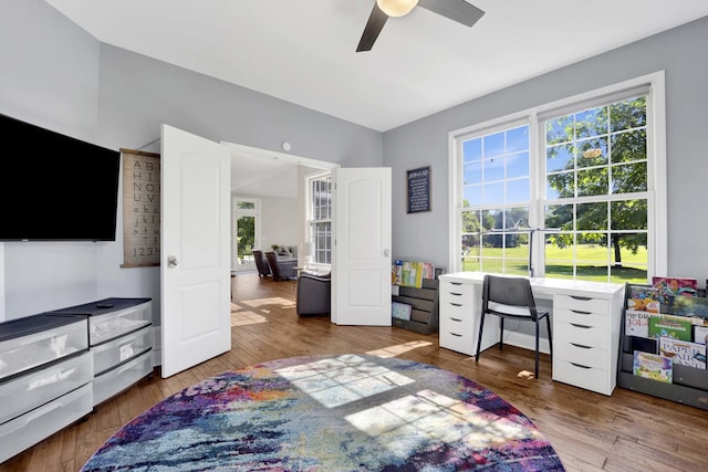 7270 Bannockburn Cir, Lakewood, IL 60014 - bedroom featuring wood-type flooring, an office area, and ceiling fan