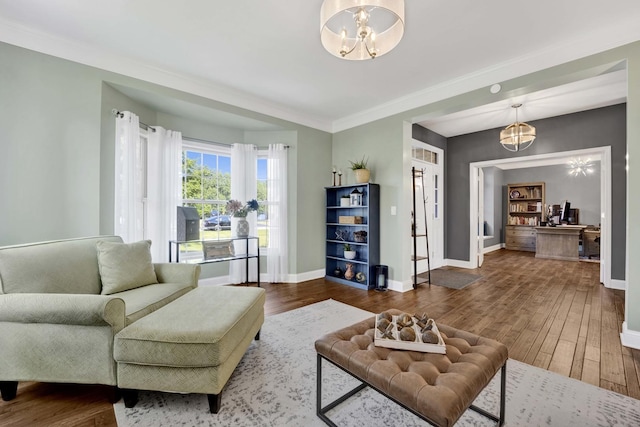 7270 Bannockburn Cir, Lakewood, IL 60014 - living room with a chandelier, wood finished floors, an office area, and crown molding