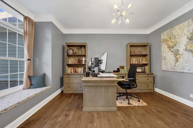 7270 Bannockburn Cir, Lakewood, IL 60014 - office with wood finished floors, ornamental molding, and a chandelier