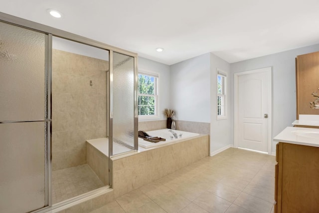 7270 Bannockburn Cir, Lakewood, IL 60014 - full bathroom featuring vanity, a garden tub, a stall shower, tile patterned floors, and recessed lighting