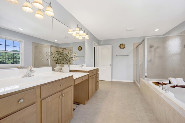 7270 Bannockburn Cir, Lakewood, IL 60014 - full bathroom with vanity, tile patterned floors, a stall shower, and a bath