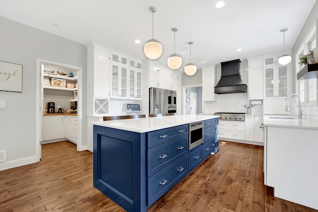 7270 Bannockburn Cir, Lakewood, IL 60014 - kitchen with blue cabinetry, premium range hood, appliances with stainless steel finishes, dark wood-type flooring, and recessed lighting