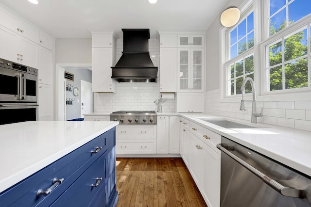 7270 Bannockburn Cir, Lakewood, IL 60014 - kitchen with appliances with stainless steel finishes, blue cabinetry, custom exhaust hood, white cabinets, and recessed lighting