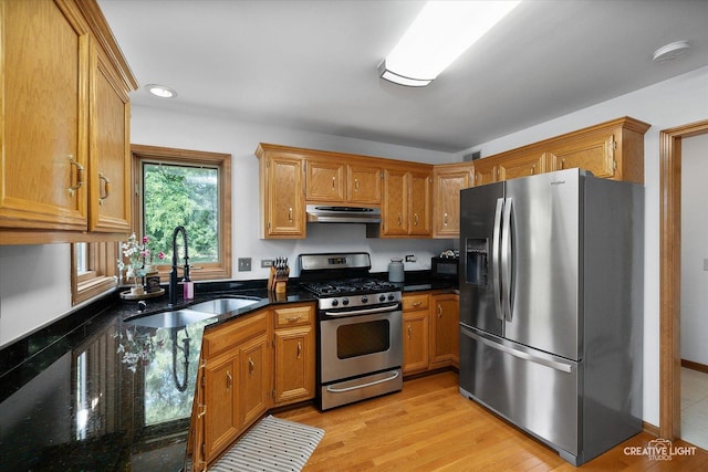 1809 Winmont Ct, Montgomery, IL 60538 - kitchen with appliances with stainless steel finishes, under cabinet range hood, dark stone countertops, brown cabinetry, and recessed lighting