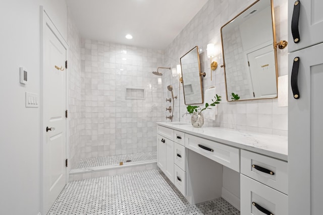 343 Washington Ave, Wilmette, IL 60091 - full bathroom with vanity, a walk in shower, tile patterned floors, and tasteful backsplash