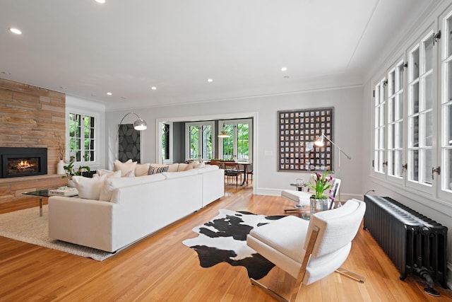 343 Washington Ave, Wilmette, IL 60091 - living area featuring radiator heating unit, healthy amount of natural light, light wood-style floors, ornamental molding, and a fireplace