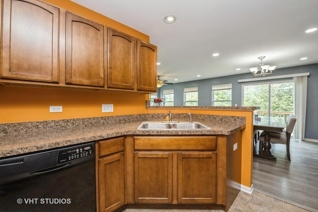 646 Grand Canyon Cir, Crystal Lake, IL 60014 - kitchen featuring black dishwasher, recessed lighting, a peninsula, and brown cabinetry