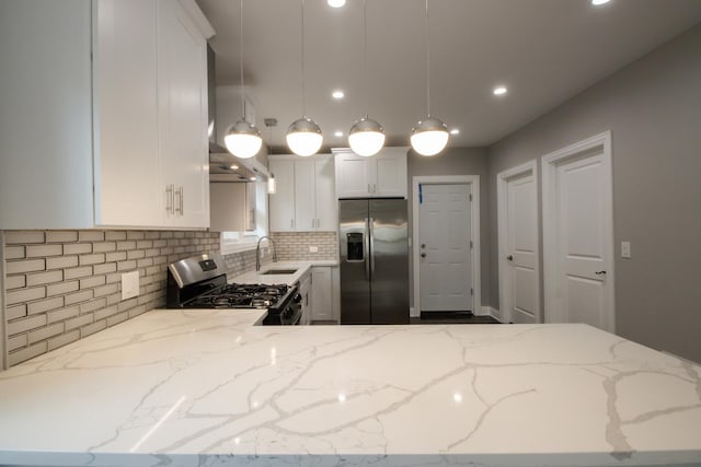8930 S Throop St, Chicago, IL 60620 - kitchen with stainless steel fridge, range with gas stovetop, light stone countertops, tasteful backsplash, and recessed lighting