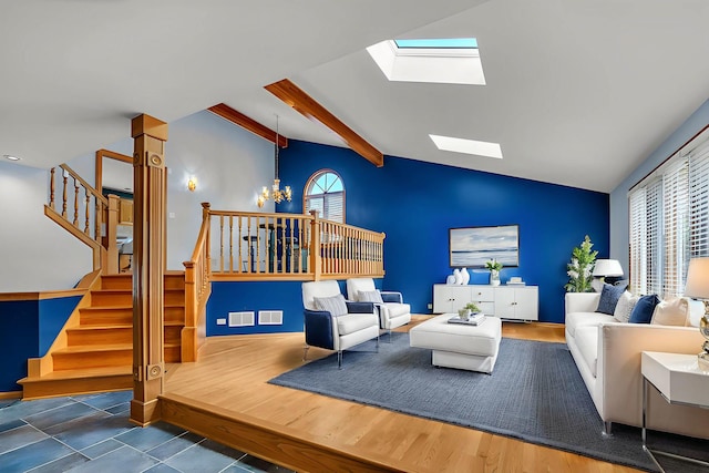 11254 S Whipple St, Chicago, IL 60655 - living room with a skylight, stairs, and a chandelier
