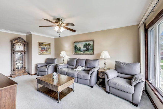 5836 S Menard Ave, Chicago, IL 60638 - living area featuring light carpet, a ceiling fan, and ornamental molding