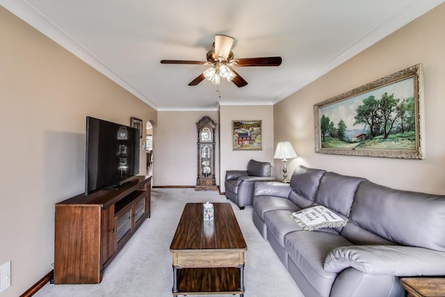 5836 S Menard Ave, Chicago, IL 60638 - living room featuring a ceiling fan, light colored carpet, and crown molding