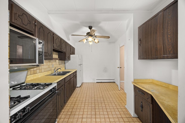 1139 Leavitt Ave Unit 313, Flossmoor, IL 60422 - kitchen featuring a baseboard heating unit, white appliances, dark brown cabinetry, light countertops, and a ceiling fan