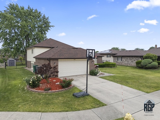 8825 Abbey Ln, Orland Park, IL 60462 - view of front of home with brick siding, an attached garage, driveway, a shingled roof, and a storage unit
