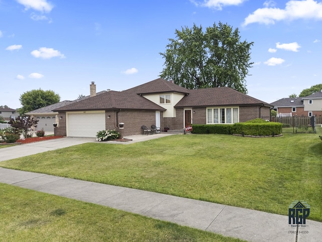8825 Abbey Ln, Orland Park, IL 60462 - split level home featuring a garage, brick siding, a chimney, and concrete driveway
