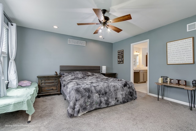 26065 S White Oak Trl, Channahon, IL 60410 - bedroom featuring carpet flooring, recessed lighting, connected bathroom, and ceiling fan