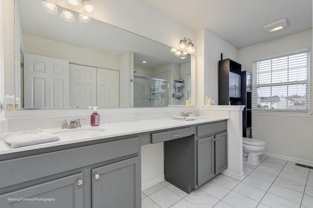 26065 S White Oak Trl, Channahon, IL 60410 - bathroom featuring double vanity, tiled shower, and marble look tiles