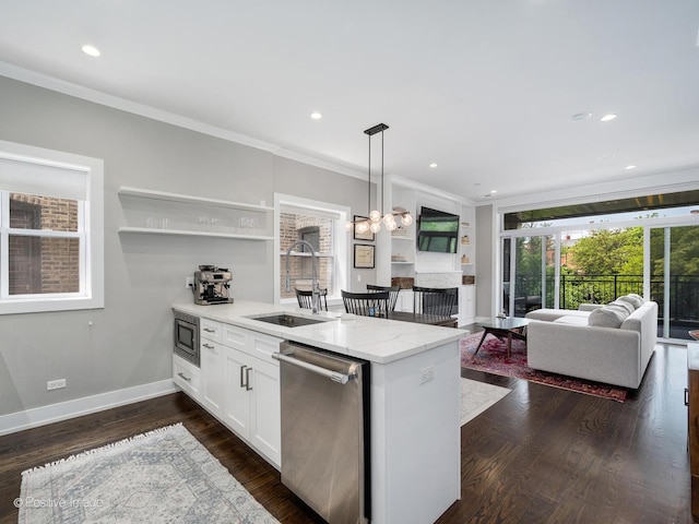 1841 N Sheffield Ave Unit 2, Chicago, IL 60614 - kitchen featuring stainless steel appliances, open shelves, a peninsula, white cabinets, and dark wood-style floors