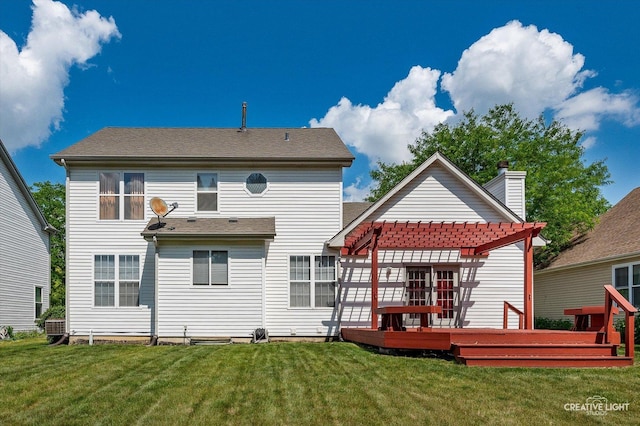 1348 Amaranth Dr, Naperville, IL 60564 - back of property with a deck, a pergola, a lawn, a chimney, and roof with shingles
