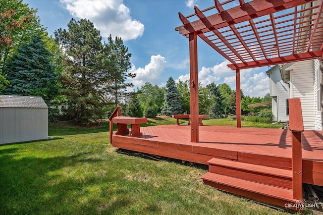 1348 Amaranth Dr, Naperville, IL 60564 - wooden deck with a pergola, a shed, a yard, and view of wooded area