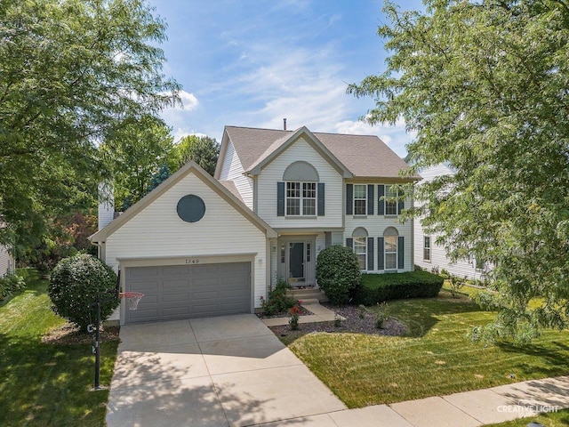 1348 Amaranth Dr, Naperville, IL 60564 - view of front of property featuring a garage, driveway, a front lawn, a shingled roof, and a chimney