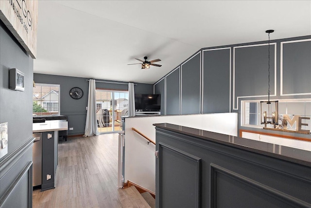 2447 Saddle Ridge Dr, Joliet, IL 60432 - kitchen featuring ceiling fan, light wood finished floors, vaulted ceiling, and gray cabinets