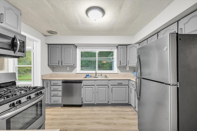 724 Dover Pl, Champaign, IL 61820 - kitchen featuring stainless steel appliances, gray cabinetry, plenty of natural light, and a textured ceiling